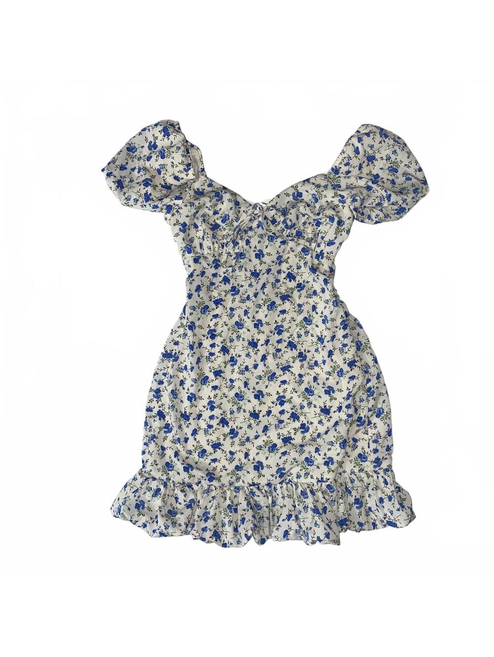 Cottagecore Blue Floral Mini Dress Size Small Puff Sleeve Milkmaid Sundress